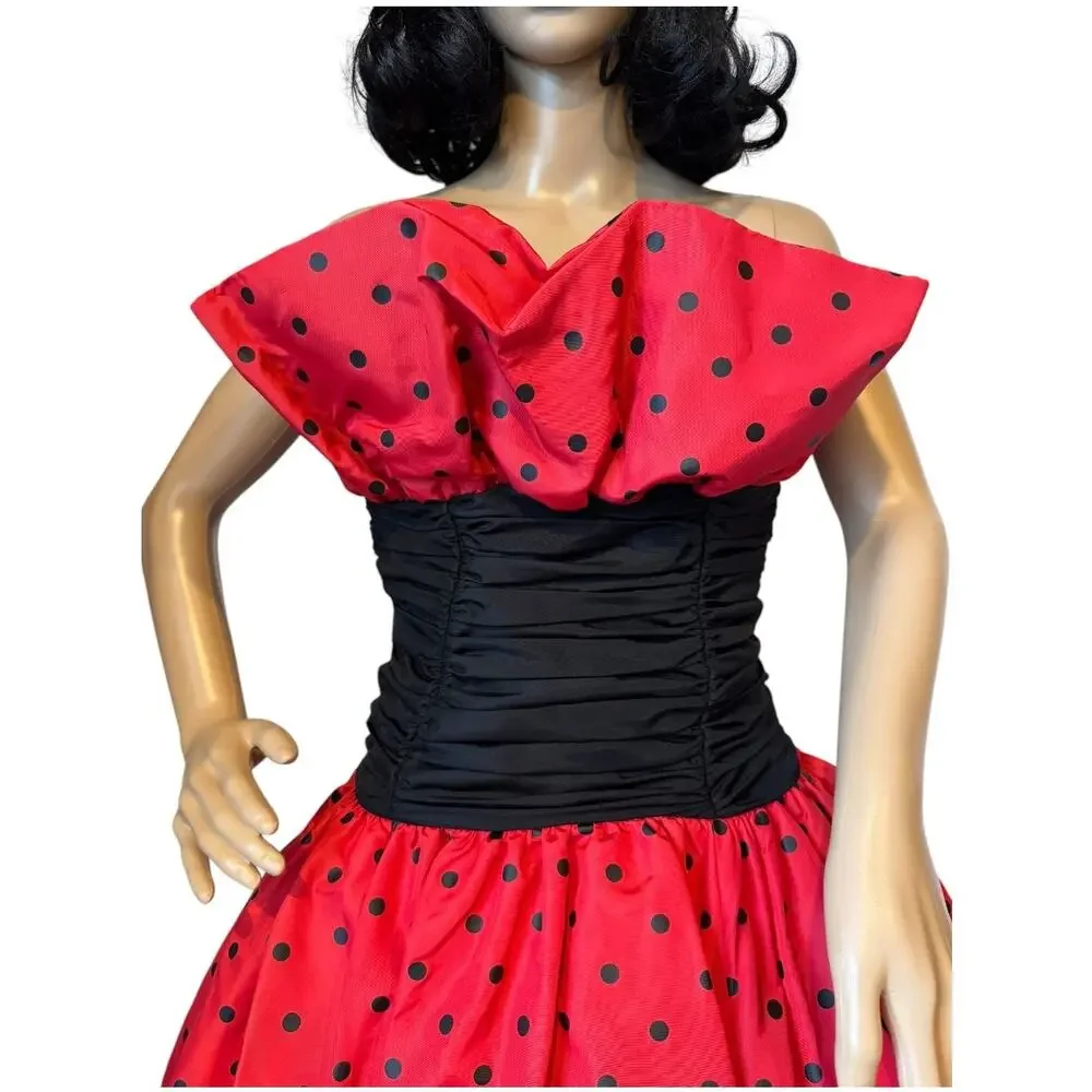 1980s Vintage Red Black Polka Dot Strapless Party Dress XS